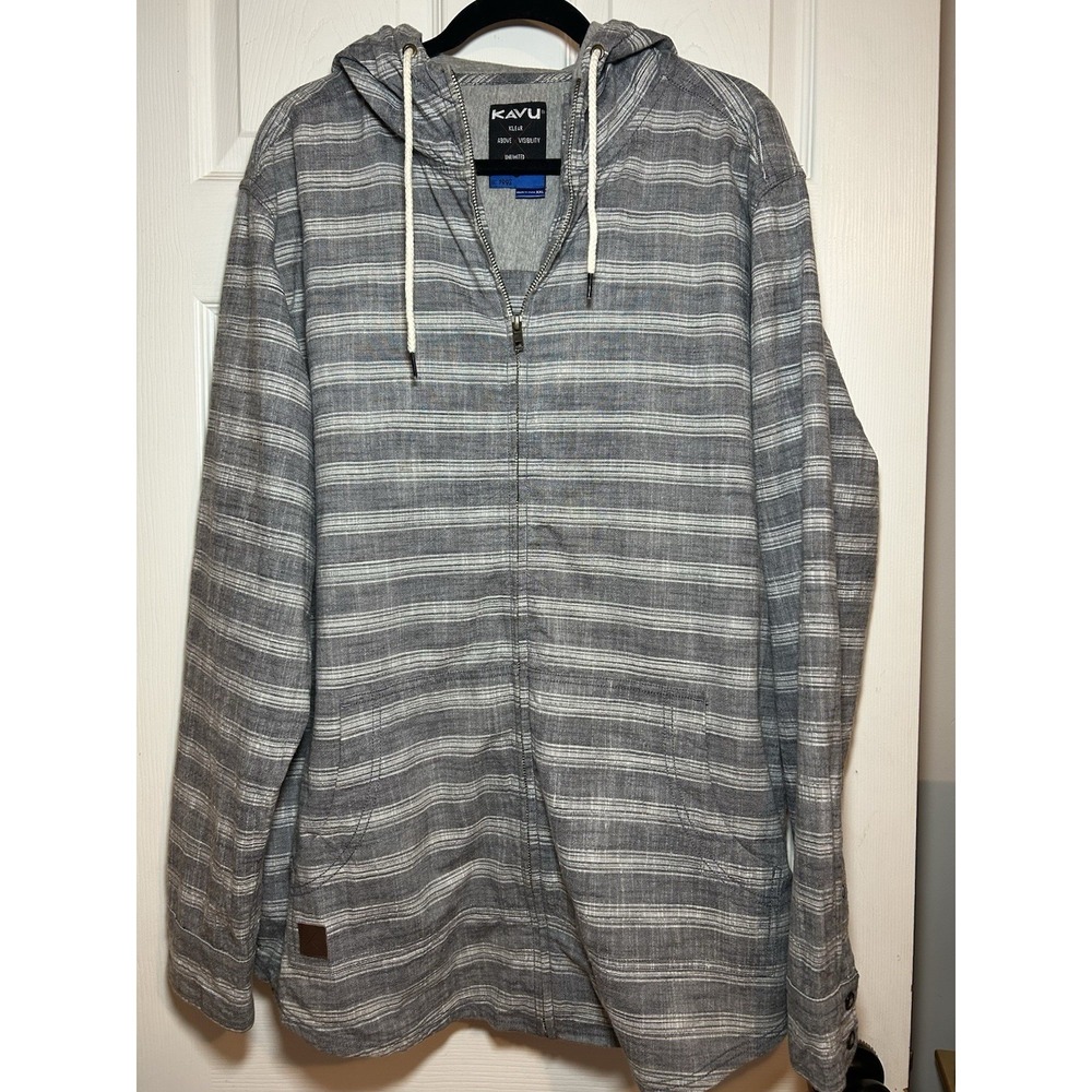 KAVU Baja Hoodie Mens XXL Bluish Gray Striped Retro Beach Surfer Hiking Full Zip